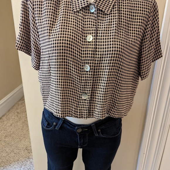 Vintage Bentley cream and black plaid slightly cropped button down size M - Picture 5 of 8